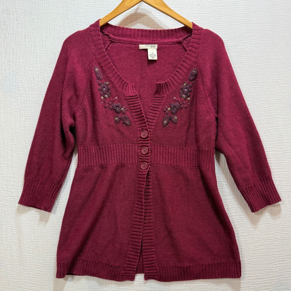 DKNY JEANS PETITES Women Burgundy Embellished Cardigan Sweater Size M 3/4 Sleeve